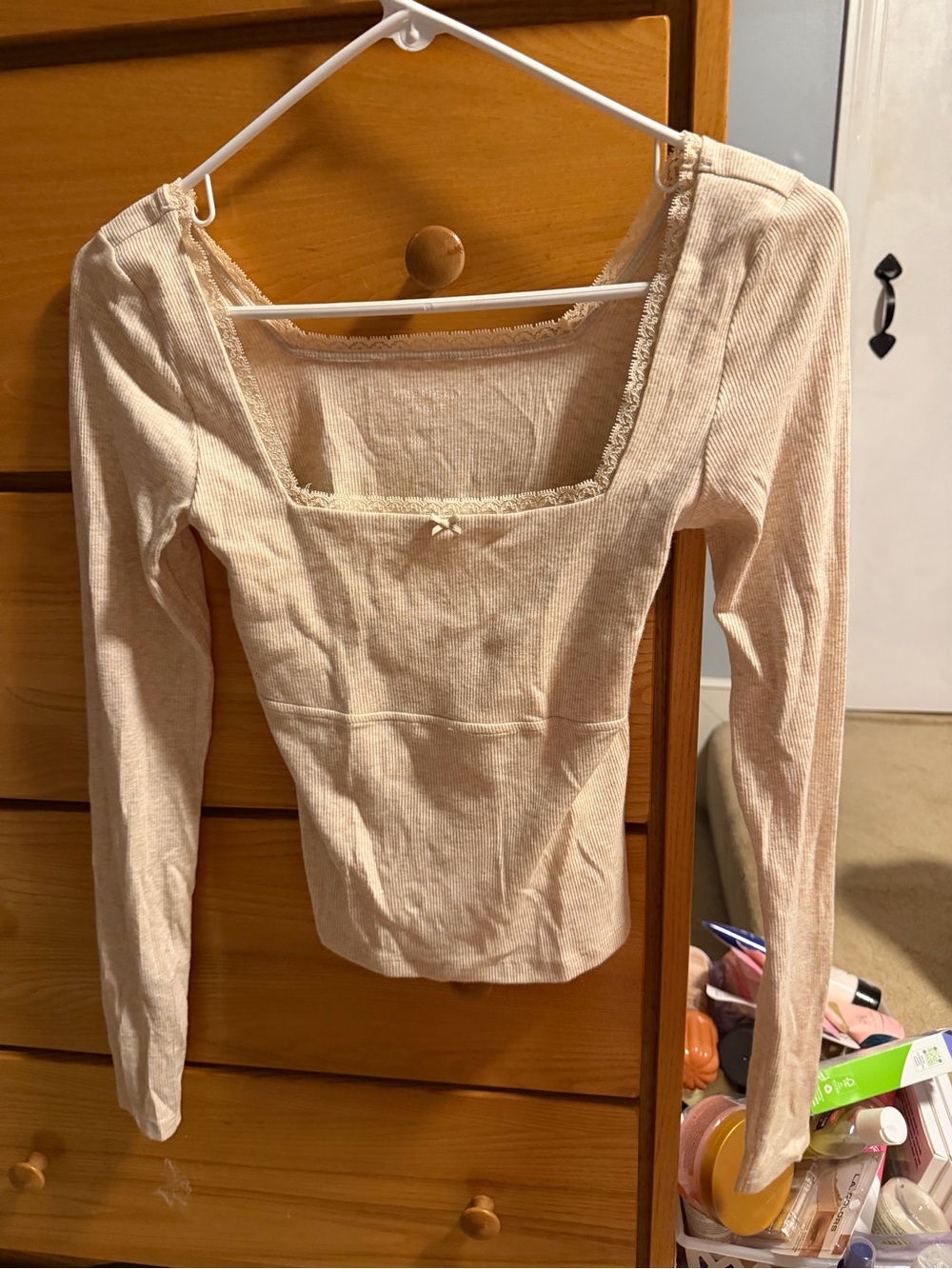 American Eagle Square Neck Long Sleeve Ribbed Top in Light Beige